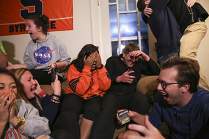 James Franco, right, and Angie Pati, left, both sitting on the couch, will serve as president and vice president of Student Association's 61st legislative session, respectively.

